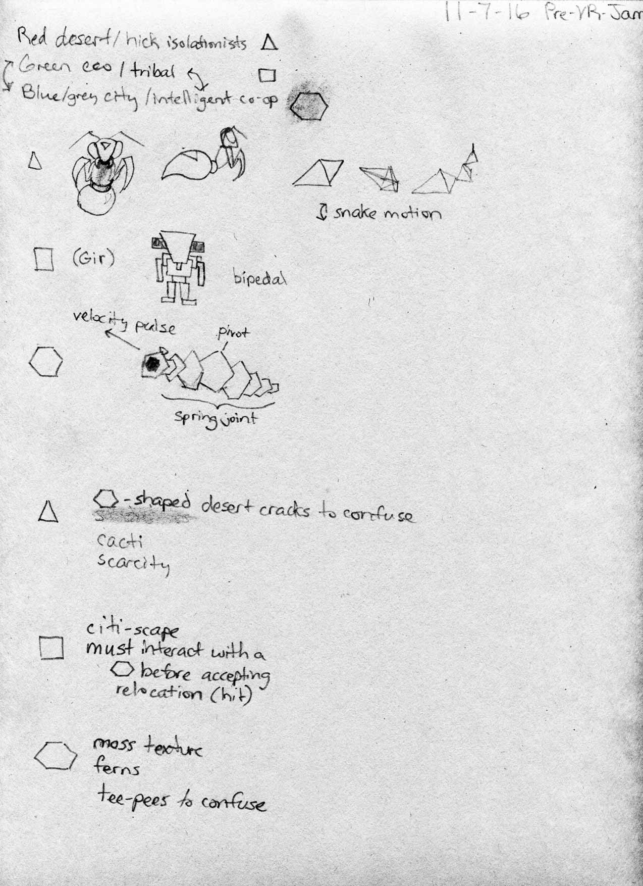 Original handwritten 2016 concept sheet showing triangular, square, and segmented round creature designs.
