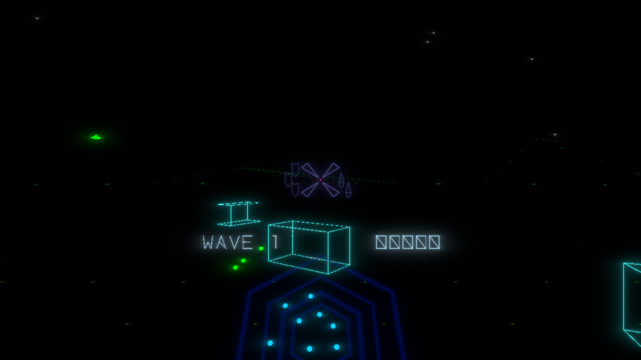 VekWars gameplay: glowing cyan supply crates, green enemy ships, and a vector shield and missile display against a starfield.